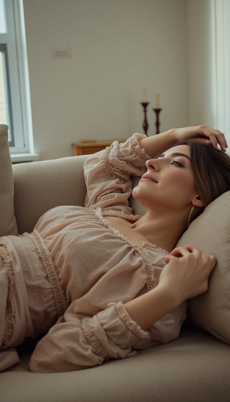 woman wearing dress, lying on sofa,3v3