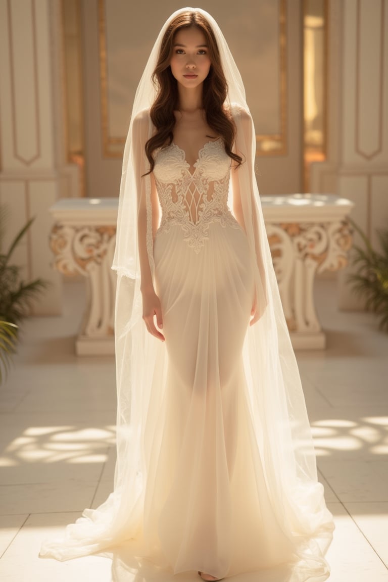 A serene woman stands majestically on a ornate altar, her exquisite white wedding gown flowing down to her ankles like a veil of innocence. Soft golden light illuminates the scene, casting a warm glow on her radiant face and delicate features. The surrounding environment is minimalist, with clean lines and subtle textures, allowing the focus solely on the bride's ethereal beauty as she prepares to take her vows.