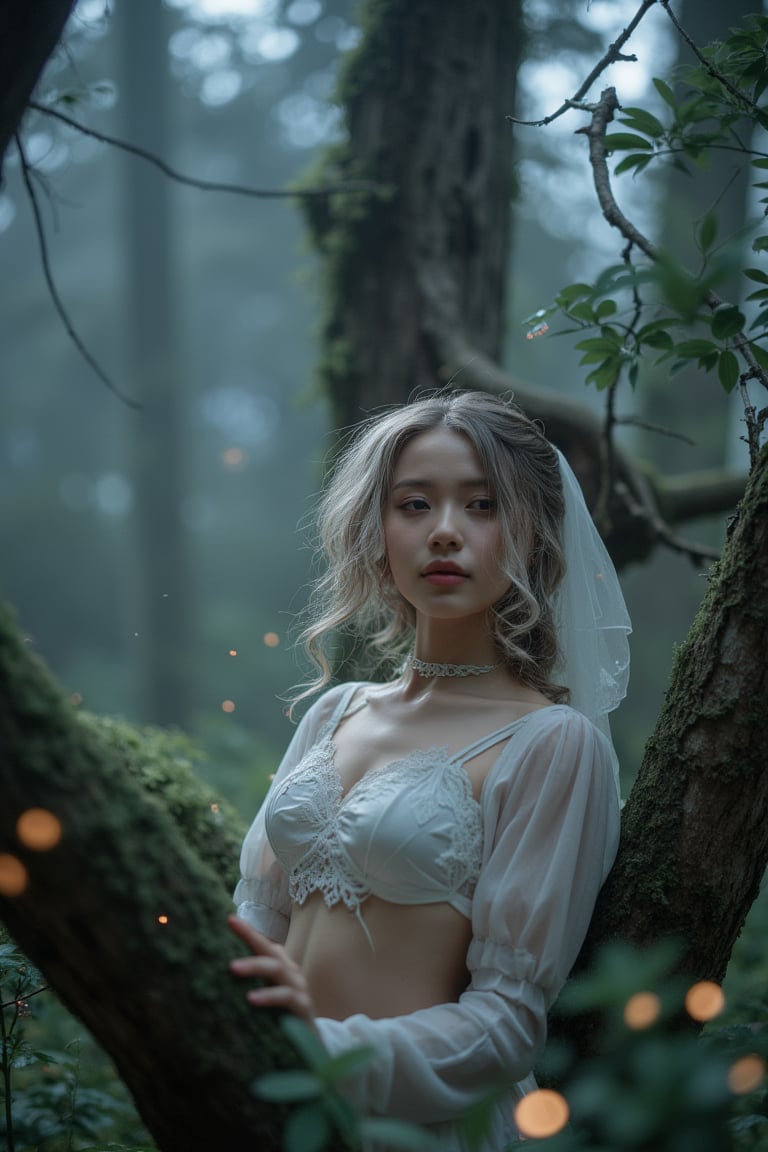 Soft focus captures a whimsical fantasy girl posing in a misty forest glade, surrounded by towering trees and twinkling fireflies. Her ethereal features glow with an otherworldly light, as she leans against a gnarled branch, her wild hair tangled amidst the foliage. The air is thick with magic, and the atmosphere is charged with anticipation.