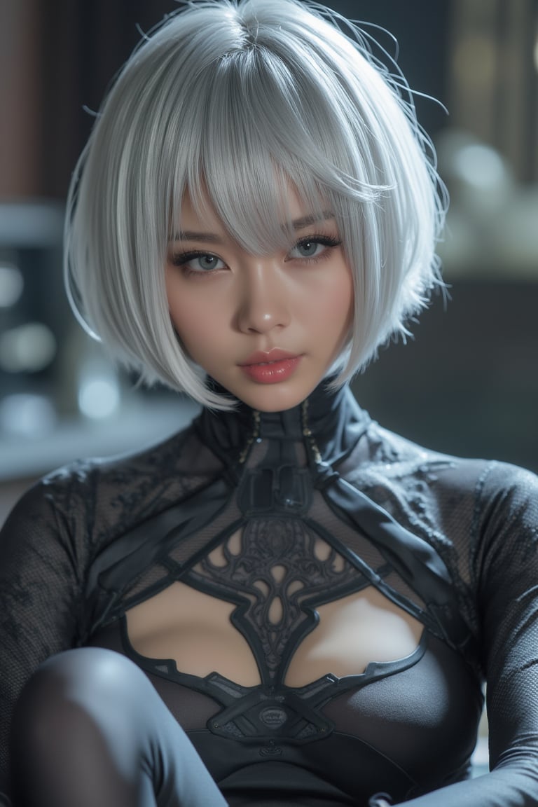 A close-up shot of Yorha 2B's determined face, her eyes fixed intently on some unseen challenge. Her short white hair is styled in a sleek, futuristic bob, and a hint of metallic sheen catches the light. She sits confidently with one leg crossed over the other, her arm resting calmly at her side.