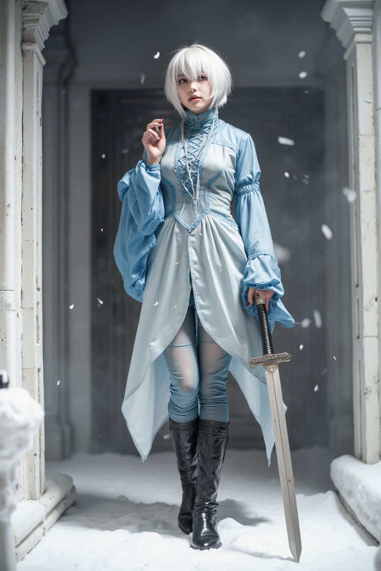 1 woman, solo, yorha_no._2_type_b, short hair, white hair, mole, mole under mouth, serafuku, sword, standing, facing the viewer, face full of fear, in pain, crying, wide angle shot, full body shot, boots