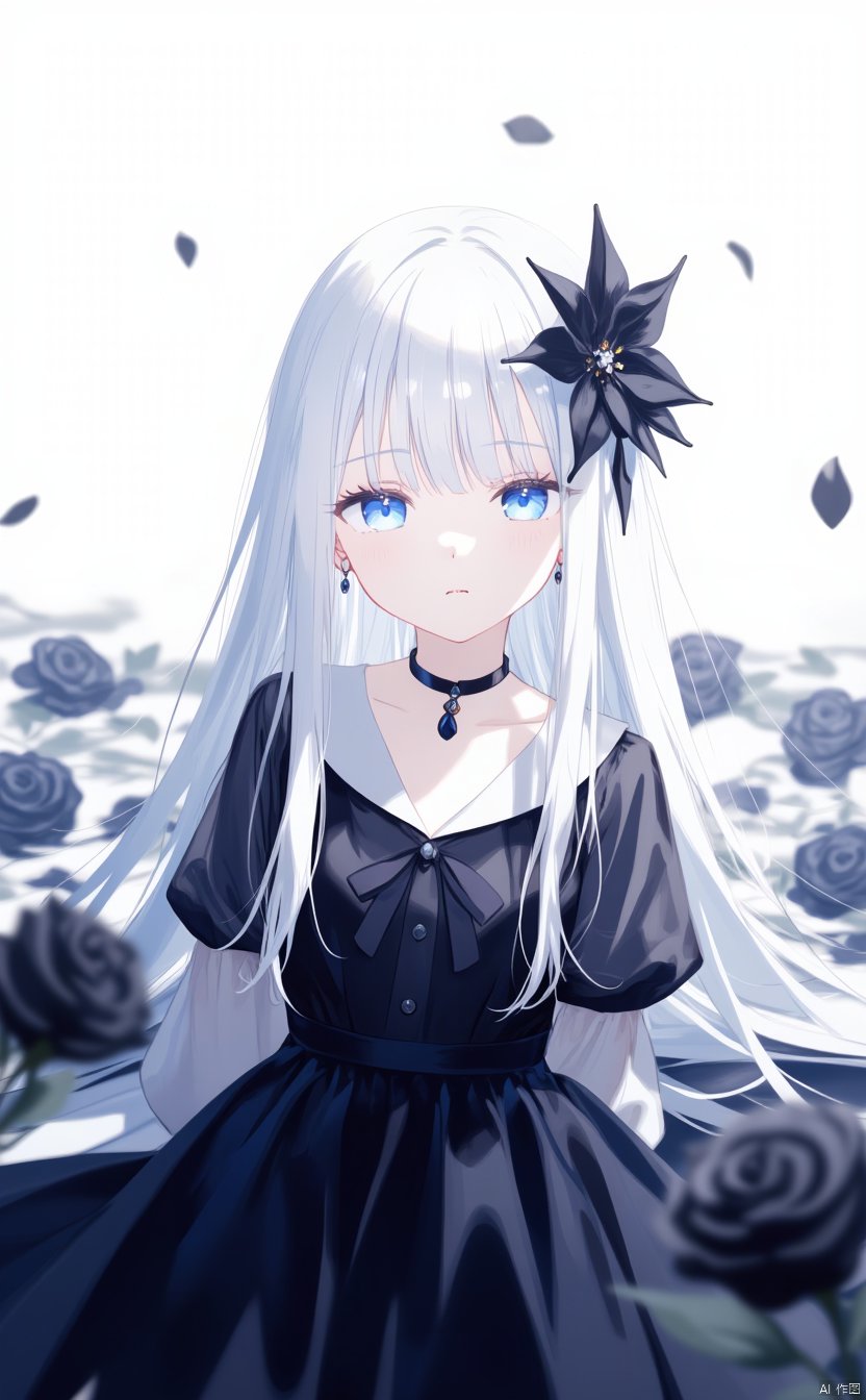 The image is an illustration of a young girl with long white hair and blue eyes. She is wearing a black dress with a white collar and a black necklace. Her hair is styled in a half-up, half-down style with a large black flower in the center. She has a pair of black earrings and a small black flower on her head. The background is white with black roses scattered around her. The overall mood of the image is dark and mysterious.