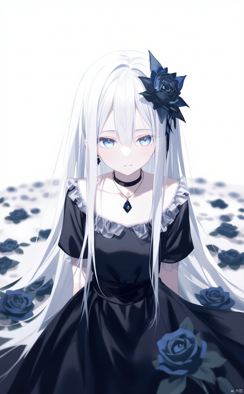 The image is an illustration of a young girl with long white hair and blue eyes. She is wearing a black dress with a white collar and a black necklace. Her hair is styled in a half-up, half-down style with a large black flower in the center. She has a pair of black earrings and a small black flower on her head. The background is white with black roses scattered around her. The overall mood of the image is dark and mysterious.