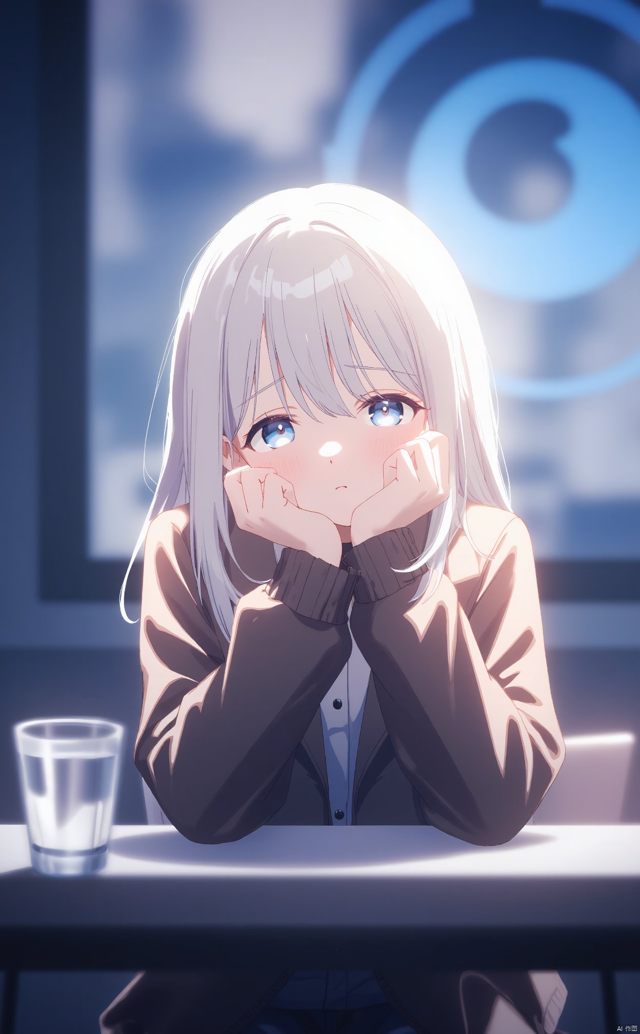 The image is an illustration of a young girl with blonde hair and blue eyes. She is sitting at a table with a glass of water in front of her. The girl is wearing a brown leather jacket and has her hands covering her face with her hands. She has a sad expression on her face and is looking off to the side. The background is blurred, but it appears to be an indoor setting with a window and a blue circular design. The overall mood of the image is somber and melancholic.