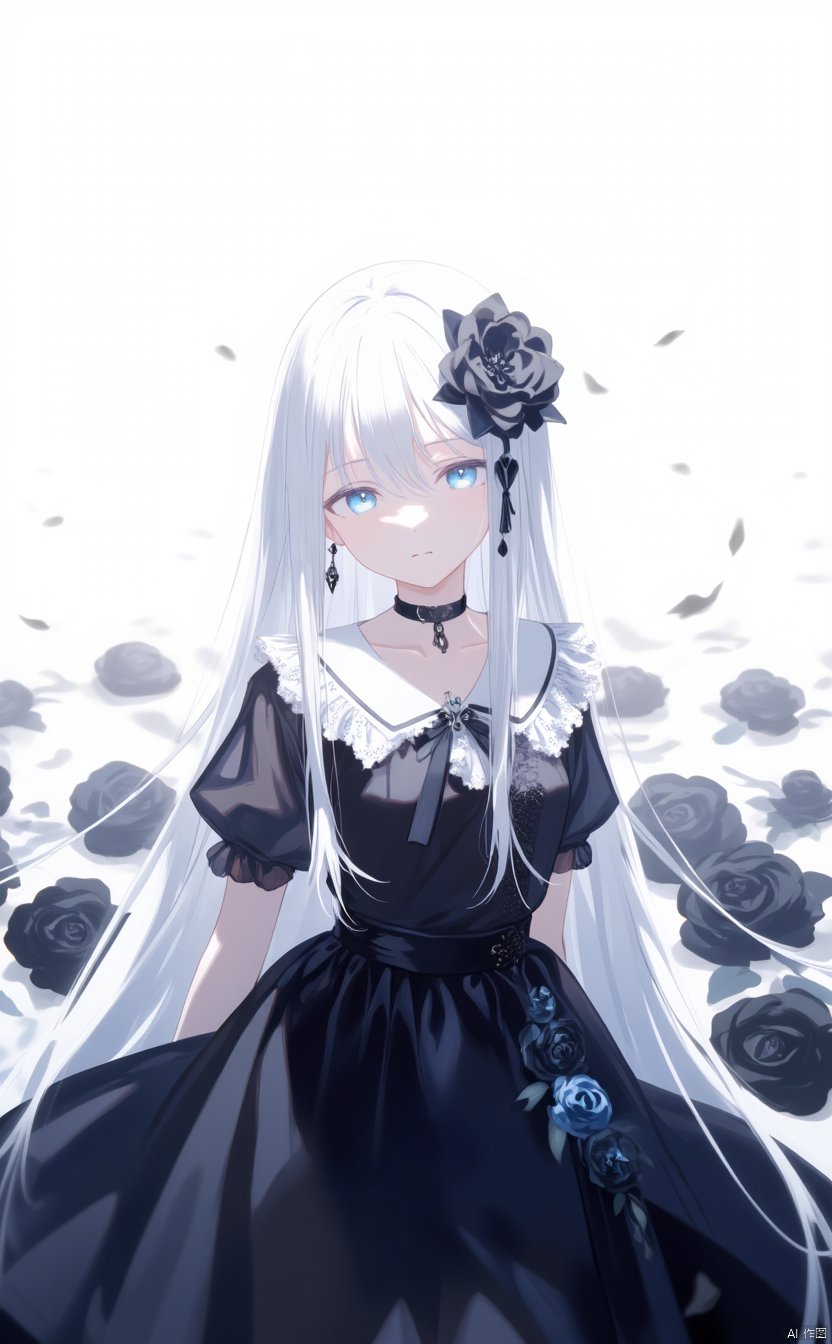 The image is an illustration of a young girl with long white hair and blue eyes. She is wearing a black dress with a white collar and a black necklace. Her hair is styled in a half-up, half-down style with a large black flower in the center. She has a pair of black earrings and a small black flower on her head. The background is white with black roses scattered around her. The overall mood of the image is dark and mysterious.