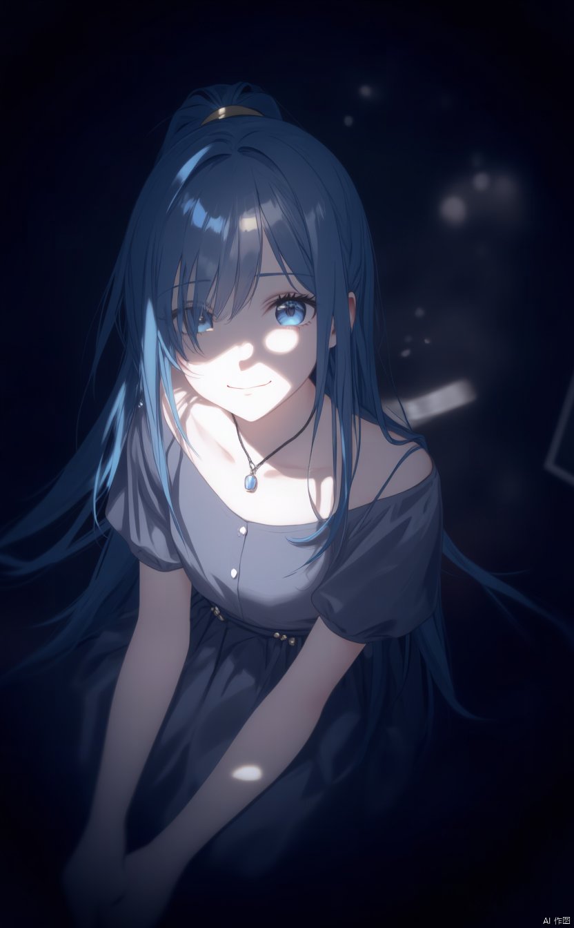 An animated image of an anime girl with long dark hair and light blue eyes. She is wearing a gray dress with a black necklace around her neck. Her hair is pulled back in a ponytail. Her eyes are a piercing blue color. She has a slight smile on her face. The background is dark and there is a shadow on the right side of the image.