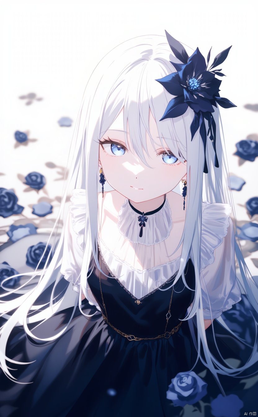 The image is an illustration of a young girl with long white hair and blue eyes. She is wearing a black dress with a white collar and a black necklace. Her hair is styled in a half-up, half-down style with a large black flower in the center. She has a pair of black earrings and a small black flower on her head. The background is white with black roses scattered around her. The overall mood of the image is dark and mysterious.