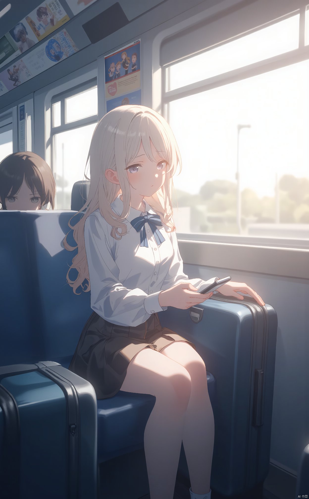 The image shows a young girl sitting on a train seat. She is wearing a white blouse with a blue bow tie and a brown skirt. Her long blonde hair is styled in loose waves and she is looking off to the side with a sad expression on her face. She has a blue suitcase next to her and is holding a smartphone in her hands. The background shows the interior of the train with windows and posters on the walls. The overall mood of the image is sad and lonely.