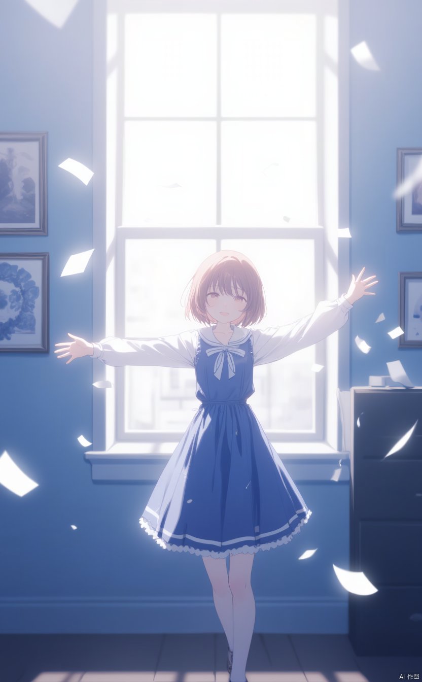 An animated image of a girl in a blue and white dress. The girl is standing in front of a window with her arms outstretched. She is wearing a white bow tie around her neck. Her hair is short and brown. There are white papers flying in the air around the girl. There is a blue wall behind the girl and a black box on the floor to the right of the window. Two framed pictures are on the wall to the left of the image.