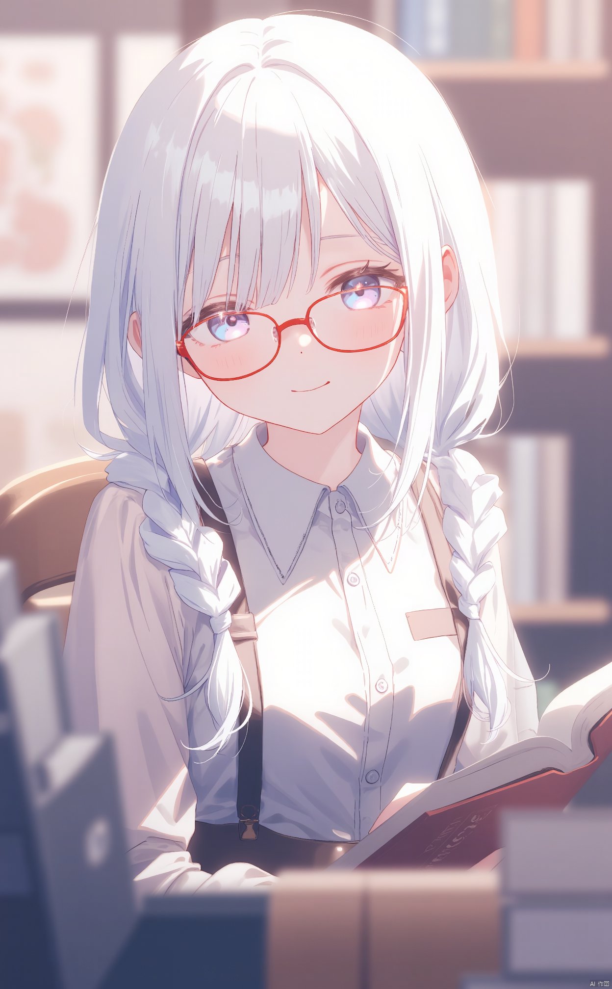 (masterpiece), (best quality), illustration, ultra detailed, hdr, Depth of field, (colorful),loli,1girl, solo, long hair, looking at viewer, bangs, shirt, white hair, holding, closed mouth, upper body, braid, glasses, collared shirt, white eyes, twin braids, book, holding book, red-framed eyewear, book stack