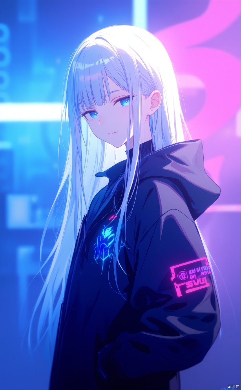 The image is a digital illustration of a young girl with long, straight blonde hair and blue eyes. She is wearing a black jacket with a futuristic design on it. The background is a gradient of blue and pink, with a hint of purple. The girl's face is turned to the side, with her eyes looking off into the distance. She has a serious expression on her face and her hair is styled in loose waves. The overall mood of the image is futuristic and edgy.