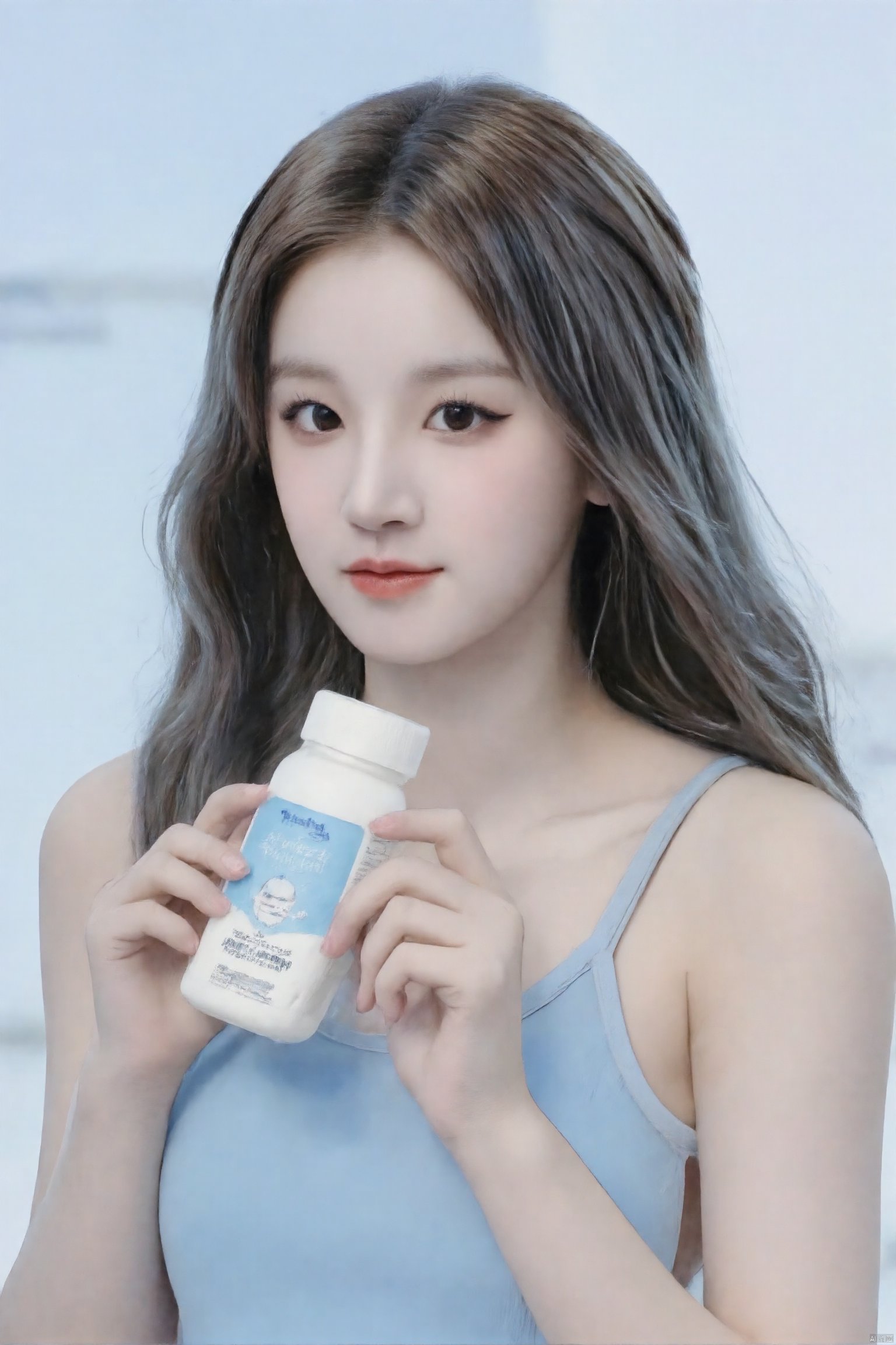 portrait photography,the subject is a young and beautiful girl,wearing blue clothes,elegant posture,holding a bottle of milk,square carton packaging milk,flowing long hair,beautiful makeup effect,smiling expression,elegant movement,looking at the audience,light blue gradient background,masterpiece,real photography,natural light effect,simple_background,