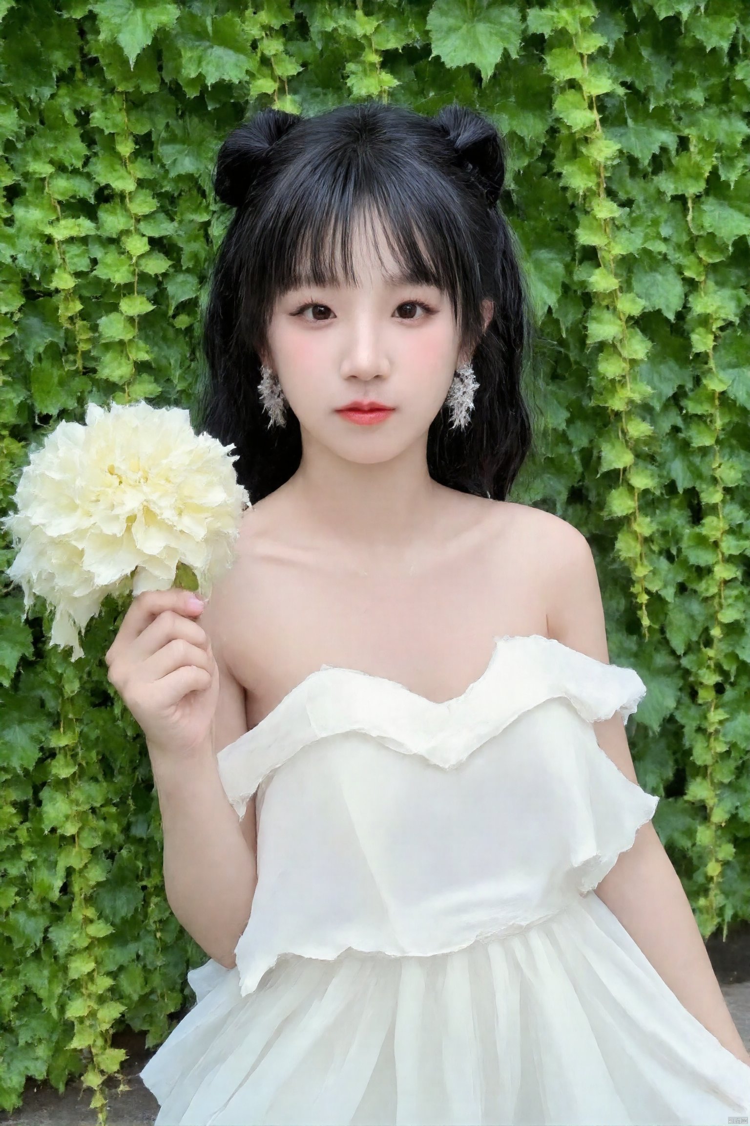 This image captures a person standing amidst a lush backdrop of green foliage,with a focus on their upper body. The individual is wearing a flowing,off-shoulder garment that cascades in layers of white fabric,giving the appearance of delicate ruffles and folds that catch the light softly.,The person's right hand gently touches a large,white bloom,which seems to be a hydrangea,given its rounded shape and the visible green leaves surrounding it. The petals of the flower are pristine and full,suggesting it's in peak bloom.,The person's hair is long,dark,and falls naturally around their shoulders,with a few strands lightly caressing the skin of their neck.,The overall ambiance of the image is serene and tranquil,emphasized by the contrast between the white of the flower and the garment against the verdant green of the leaves. The composition of the image,with the focus on the hand and the bloom,draws the viewer's attention to the gentle interaction between human and nature.,