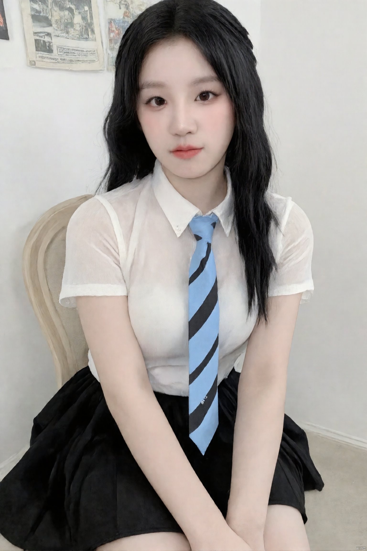 This is a real high-definition photo,This is a clear mobile selfie photo with a daily style. In the picture, there is a woman wearing a white short-sleeved shirt and a black pleated skirt, with a blue and white striped tie. She has long black hair, sitting on a wooden chair with her hands resting on her knees, facing the camera, and her eyes are looking at the camera. She appears to be around 20 years old, slim, and her expression is calm. Her outfit consists of a white short-sleeved shirt, a blue and white striped tie, and a black pleated skirt. Her hair is flowing freely without bangs. The background is a white wall, hanging some black and white comics. 