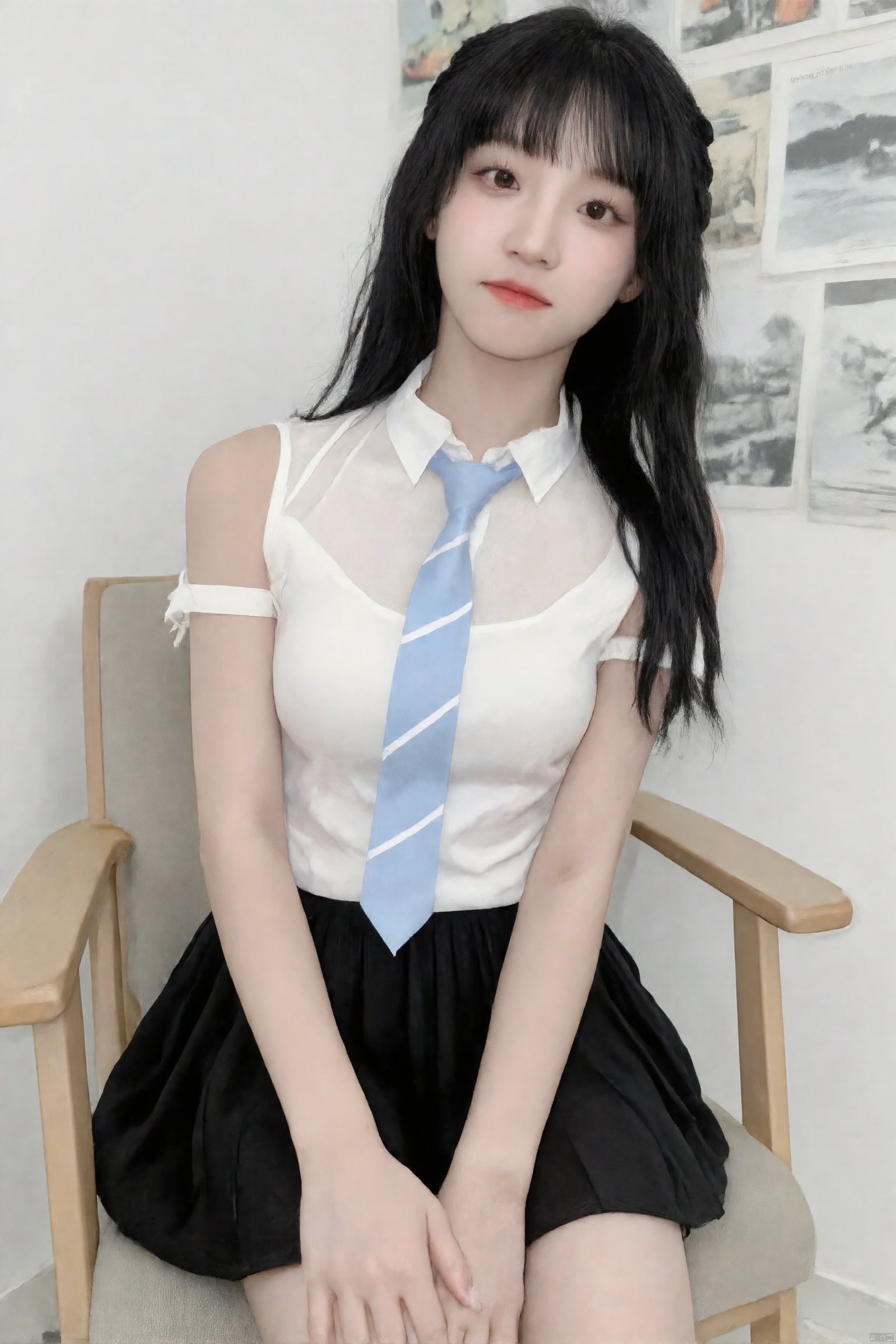 This is a real high-definition photo,This is a clear mobile selfie photo with a daily style. In the picture, there is a woman wearing a white short-sleeved shirt and a black pleated skirt, with a blue and white striped tie. She has long black hair, sitting on a wooden chair with her hands resting on her knees, facing the camera, and her eyes are looking at the camera. She appears to be around 20 years old, slim, and her expression is calm. Her outfit consists of a white short-sleeved shirt, a blue and white striped tie, and a black pleated skirt. Her hair is flowing freely without bangs. The background is a white wall, hanging some black and white comics. 