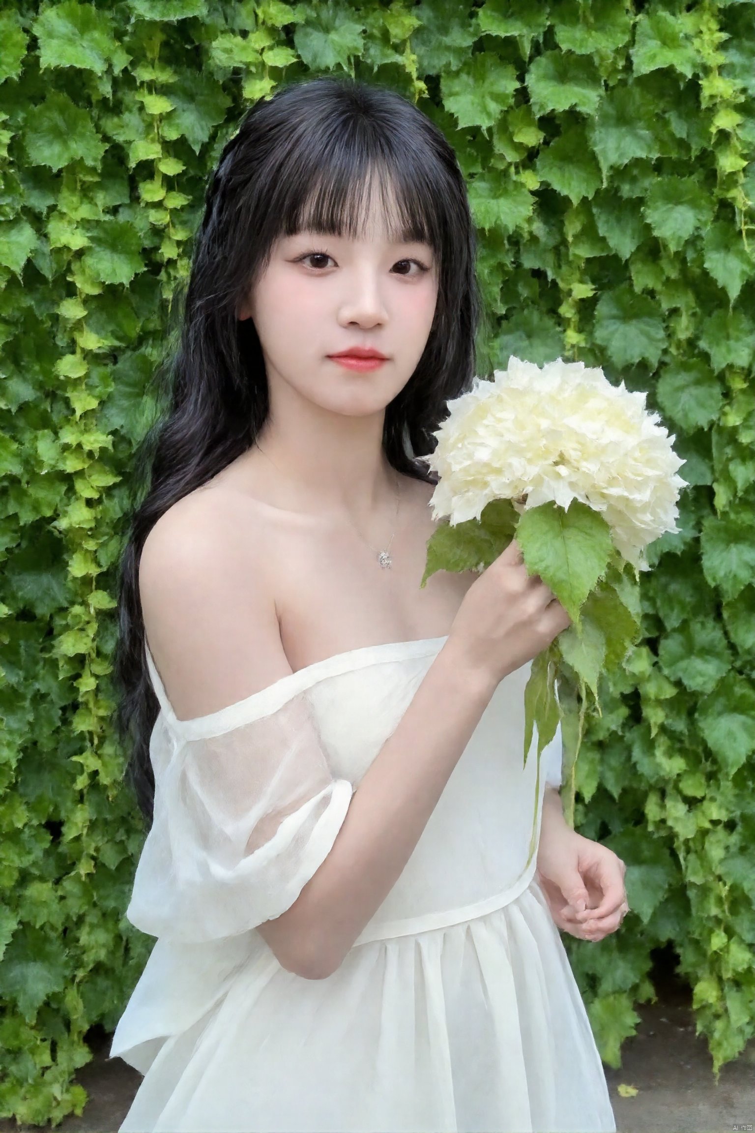 This image captures a person standing amidst a lush backdrop of green foliage,with a focus on their upper body. The individual is wearing a flowing,off-shoulder garment that cascades in layers of white fabric,giving the appearance of delicate ruffles and folds that catch the light softly.,The person's right hand gently touches a large,white bloom,which seems to be a hydrangea,given its rounded shape and the visible green leaves surrounding it. The petals of the flower are pristine and full,suggesting it's in peak bloom.,The person's hair is long,dark,and falls naturally around their shoulders,with a few strands lightly caressing the skin of their neck.,The overall ambiance of the image is serene and tranquil,emphasized by the contrast between the white of the flower and the garment against the verdant green of the leaves. The composition of the image,with the focus on the hand and the bloom,draws the viewer's attention to the gentle interaction between human and nature.,