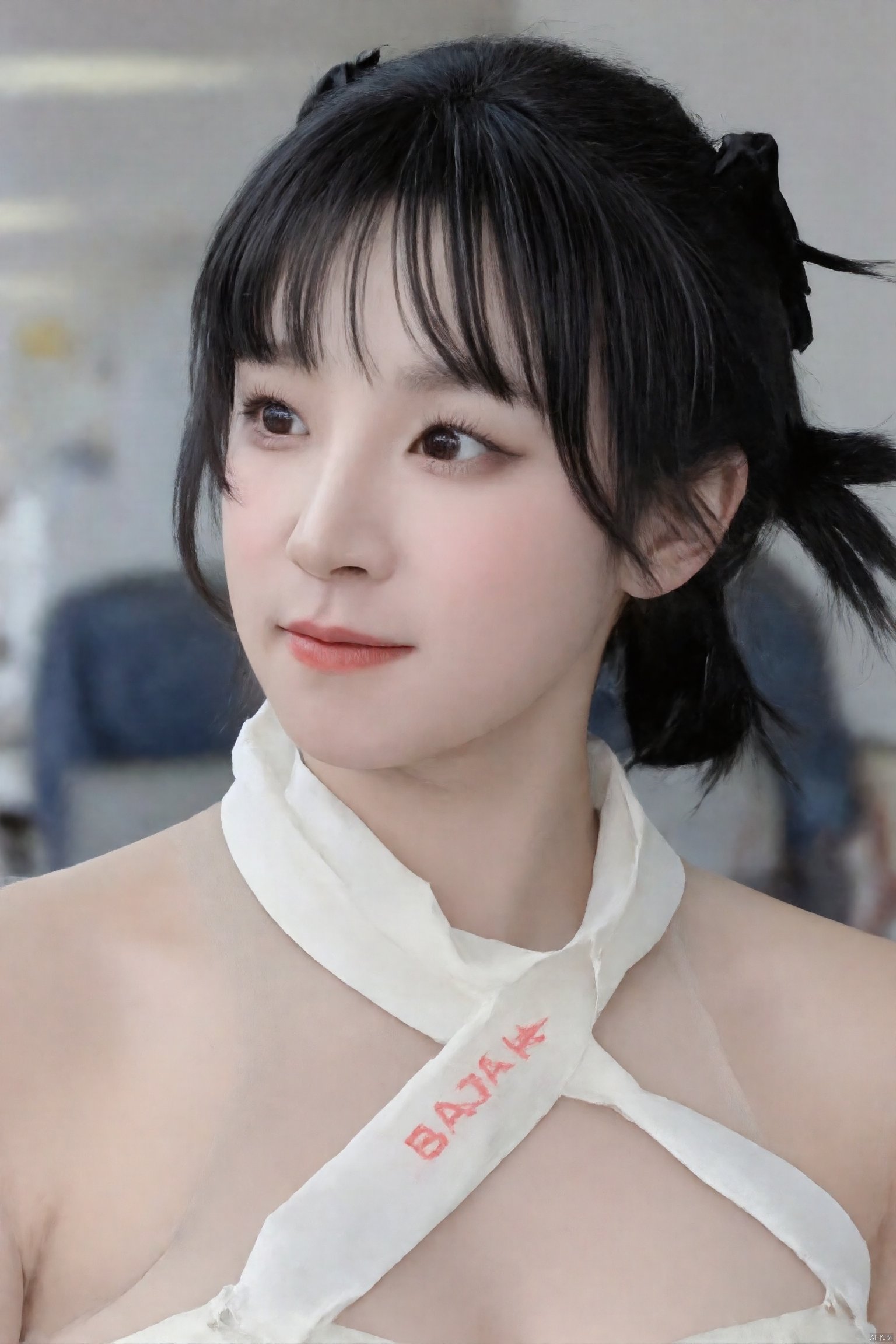 perfect lighting, highly detailed, This is a high-resolution portrait photograph of a young asian female flight attendant on a plane, she is leaning forward, deep cleavage. (she is wearing flight attendant uniform, scarf, name badge). she is looking away and smiling.