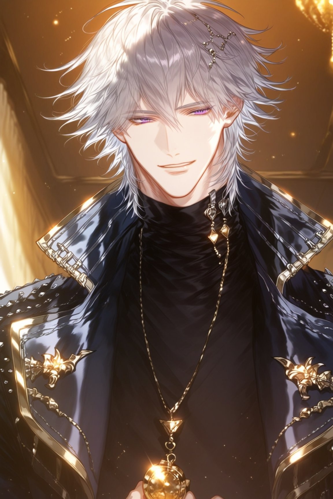 1boy ,Man, smiling face, looking at viewer,
from below, front view, 
,source_anime,score_4_up,score_5_up,score_6_up,score_7_up,score_8_up,score_9, BREAK,Asher,looking at viewer,1boy,purple eyes,jacket,white hair,male focus,solo focus,choker,holding ,turtleneck