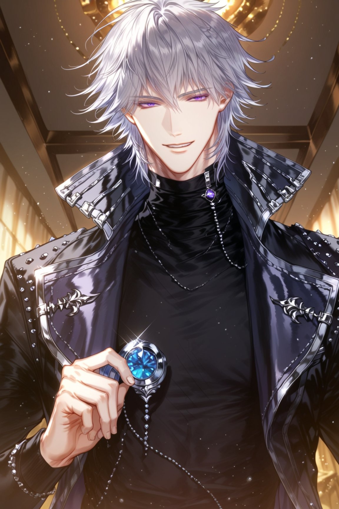 1boy ,Man, smiling face, looking at viewer,
from below, front view, 
,source_anime,score_4_up,score_5_up,score_6_up,score_7_up,score_8_up,score_9, BREAK,Asher,looking at viewer,1boy,purple eyes,jacket,white hair,male focus,solo focus,choker,holding ,turtleneck