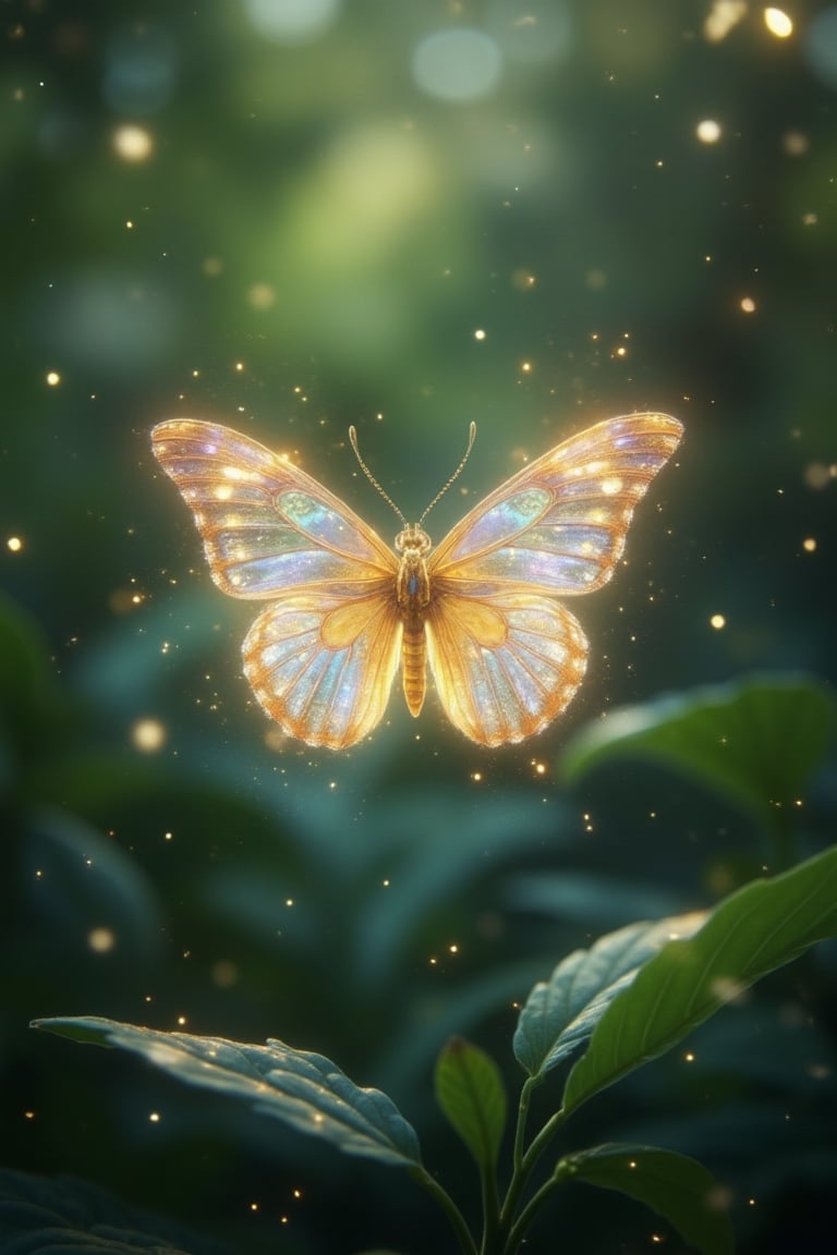 A delicate butterfly with iridescent wings, glowing with a soft, sparkling light, hovers gracefully in a serene, natural setting. The lighting is soft and ethereal, highlighting the intricate patterns and shimmering colors of the butterfly's wings. The composition is centered, with the butterfly in a gentle, floating pose, surrounded by lush greenery and soft, diffused light. The scene captures the beauty and magic of the glowing butterfly, with a focus on its delicate form and the enchanting glow.