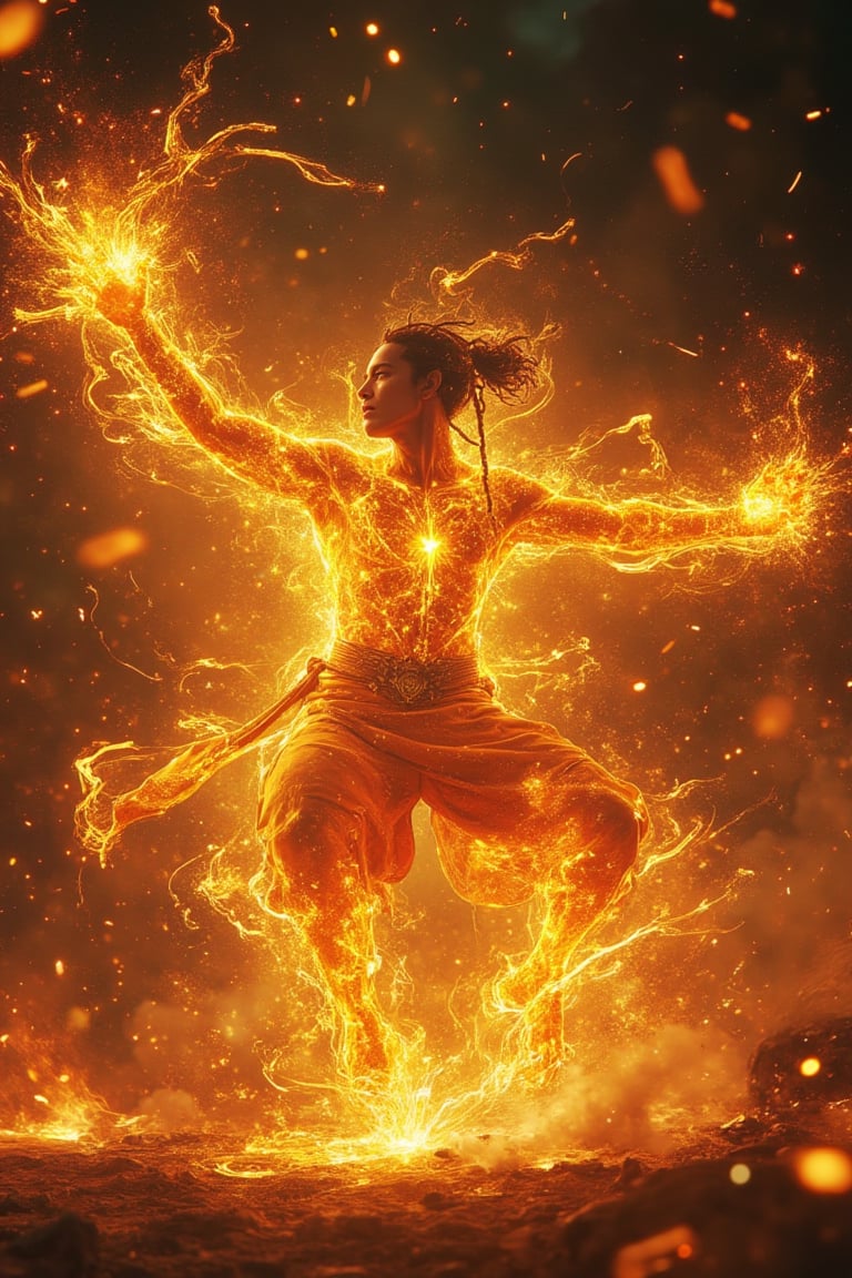 A dynamic action scene featuring a handsome Mangwa man, his body glowing with sparkling energy as he engages in fierce combat. The lighting is dramatic, casting sharp contrasts and highlighting the warrior's intense expression and powerful movements. The composition is dynamic, capturing the Mangwa man mid-action, with his glowing aura and the sparks flying around him. The background is a mystical, otherworldly setting, adding to the epic and magical atmosphere of the scene.