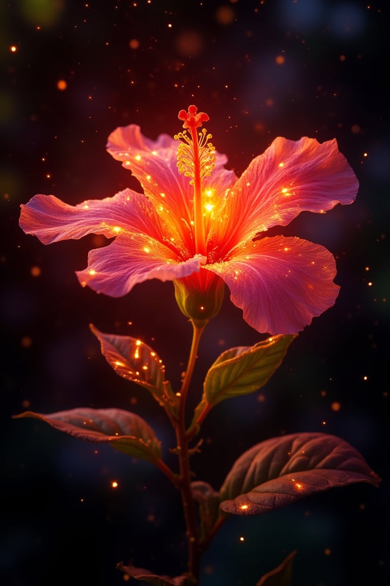 A vibrant hibiscus flower, its petals glowing with a soft, sparkling light, stands out against a dark, contrasting background. The lighting is dramatic, highlighting the intricate details and rich colors of the flower. The composition is centered, with the hibiscus in full bloom, its glowing petals creating a mesmerizing contrast. The scene captures the beauty and allure of the glowing hibiscus, with a focus on its radiant form and the enchanting sparkle.