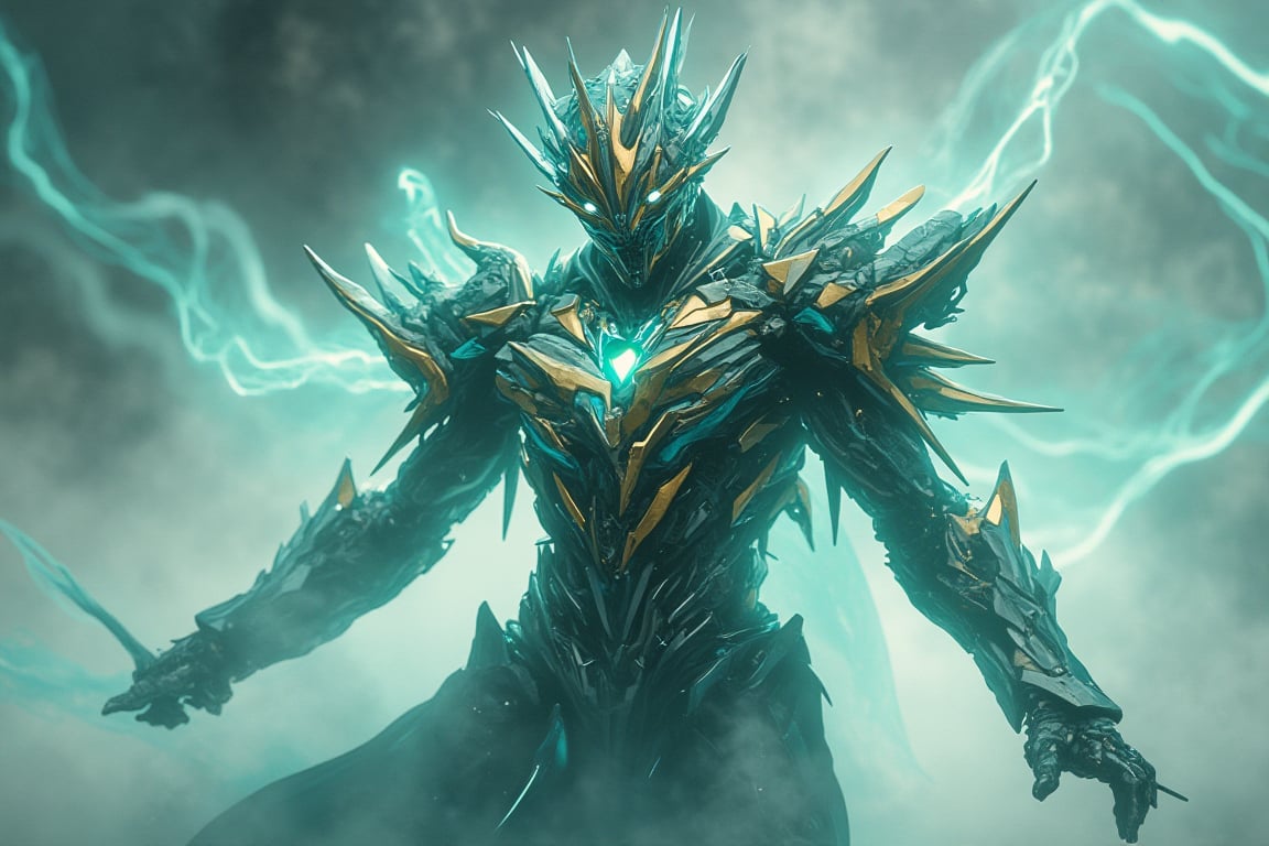 RAW, photorealistic image of Bobotflux fused with tennogen armour, creamic intricate design, superhero tokusatsu in teal and gold colour, releasing ethereal glow, glowing eyes,  swinging his swords elegantly, inside the mist, surreal