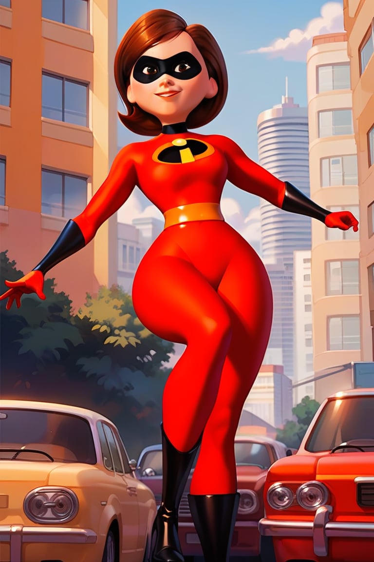 score_9, score_8_up,score_7_up, source_anime, 1girl,  solo,short hair, brown light eyes, red bodysuit, superhero, high heels, shiny clothes, outdoors, city, black boots, smile, from below, looking at the viewer, Mrs_Incredible, Portrait, action pose, mask,