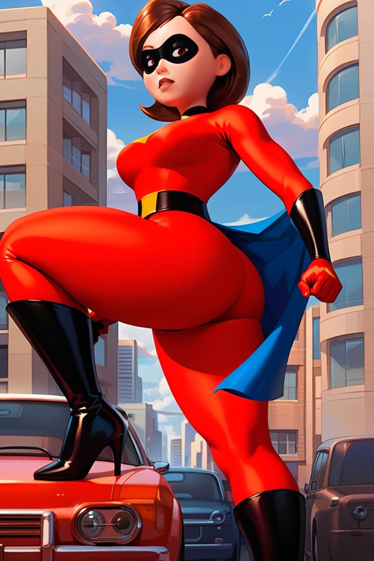 score_9, score_8_up,score_7_up, source_anime, 1girl,  solo,short hair, brown light eyes, red bodysuit, superhero, high heels, shiny clothes, outdoors, city, black boots, serious expression, from below, looking at the viewer, Mrs_Incredible, Portrait, action pose, mask, black woman hero underpants,