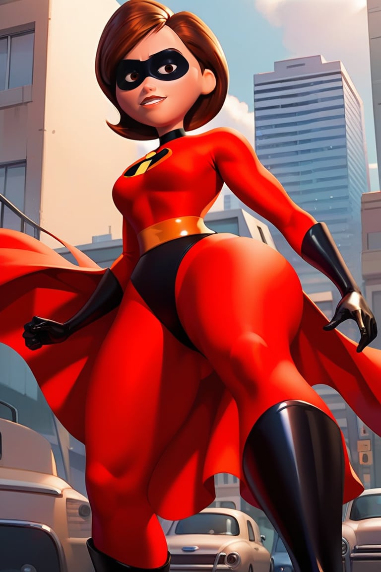 score_9, score_8_up,score_7_up, source_anime, 1girl,  solo,short hair, brown light eyes, red bodysuit, superhero, high heels, shiny clothes, outdoors, city, black boots, smile, from below, looking at the viewer, Mrs_Incredible, Portrait, action pose, mask,