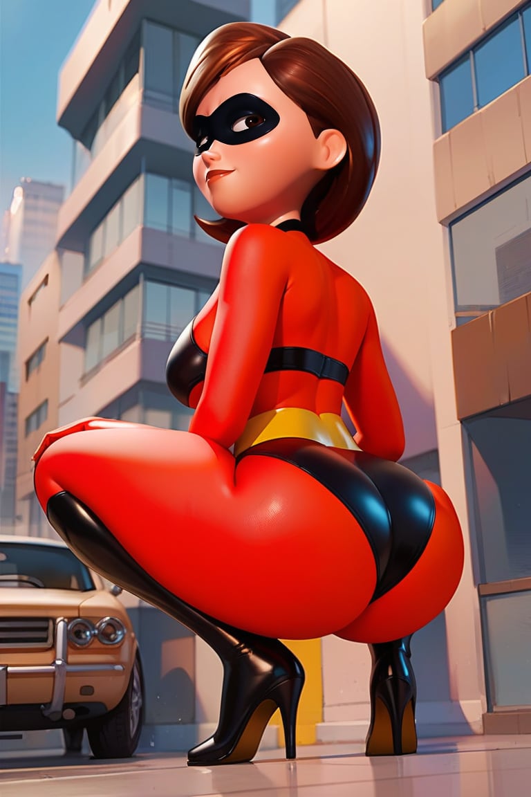 score_9, score_8_up,score_7_up, source_anime, 1girl,  solo,short hair, brown light eyes, black latex bikini, superhero, high heels, shiny clothes, outdoors, city, black boots, smile, from behind, from below, looking at the viewer, squatting,Mrs_Incredible