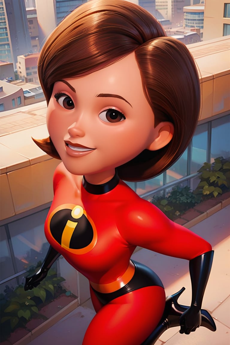 score_9, score_8_up,score_7_up, source_anime, 1girl,  solo,short hair, brown light eyes, black latex bikini, superhero, high heels, shiny clothes, outdoors, city, black boots, smile, from above, looking at the viewer, Mrs_Incredible, Portrait focus on head,