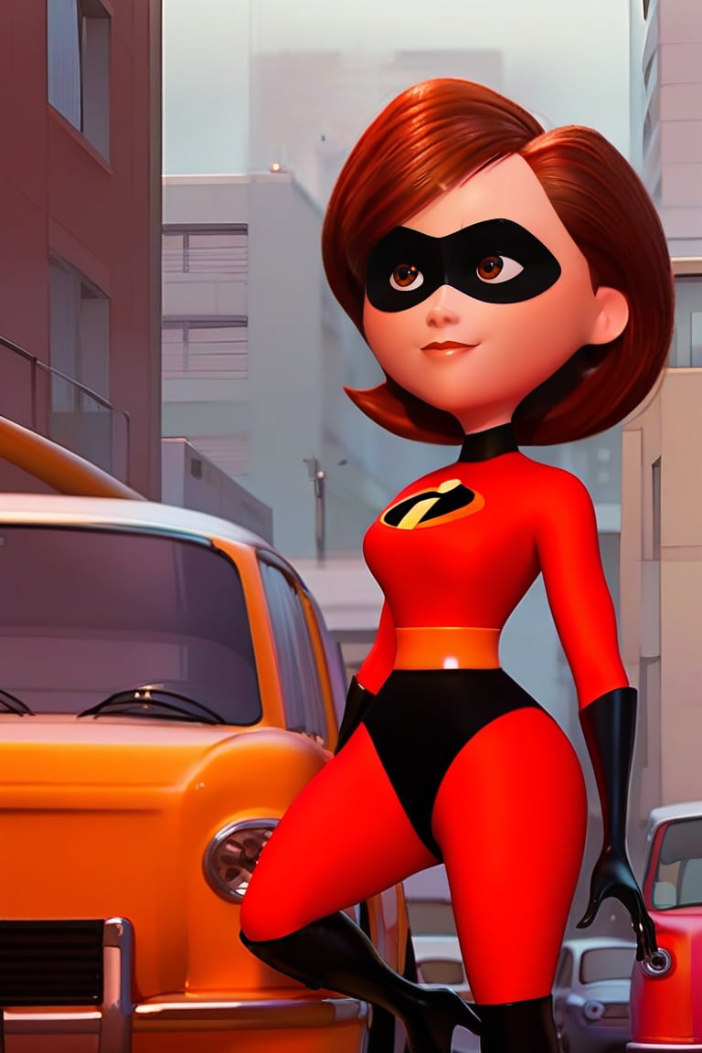 score_9, score_8_up,score_7_up, source_anime, 1girl, , solo,Mrs_Incredible,short hair,brown eyes,black turtleneck,red body suit,superhero,impossible clothes,high heels,shiny clothes, outdoors, city, black boots, contrapposto, smile,