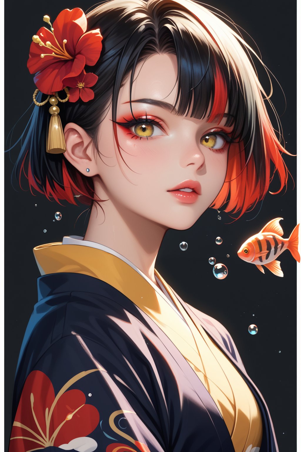 score_9,score_8_up,score_7_up,
black background,simple background,Volumetric Lighting,looking at the viewer,glowing,1girl,fish,goldfish,black hair,bubble,yellow eyes,solo,makeup,multicolored hair,short hair,japanese clothes,kimono,eyeshadow,koi,red hair,flower,black kimono,streaked hair,upper body,parted lips,air bubble,tattoo,grey background,red flower,eyeliner,white border,