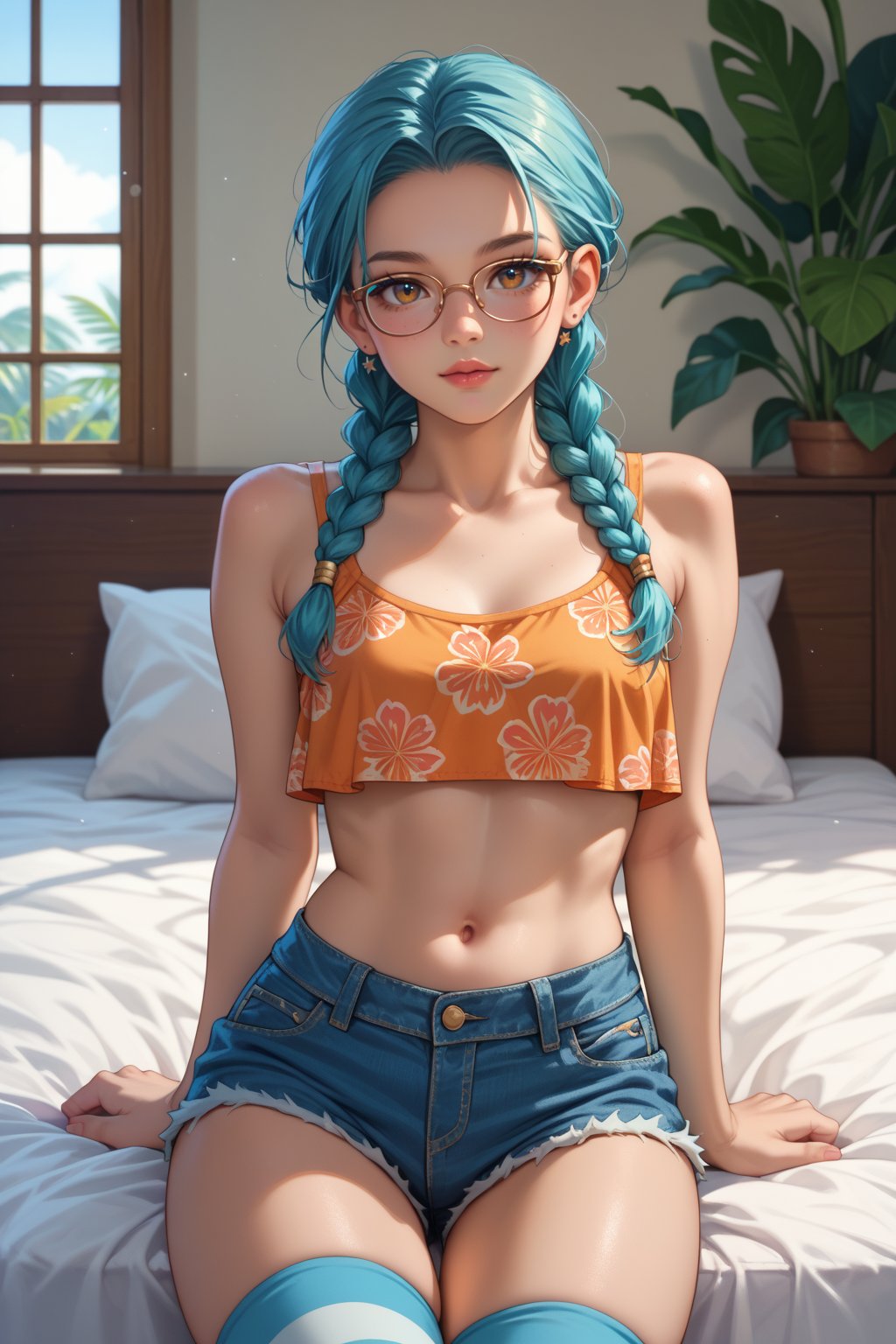 core_9, score_8_up, score_7_up, 1girl, 1girl,18 years old, native hawaiian, teal braided haircut hair, hazel eyes, crop top, denim shorts, bedroom, striped thighhighs, pervert, petite, glasses,, moonlight, soft, cool light from the moon, evoking a mysterious and ethereal atmosphere