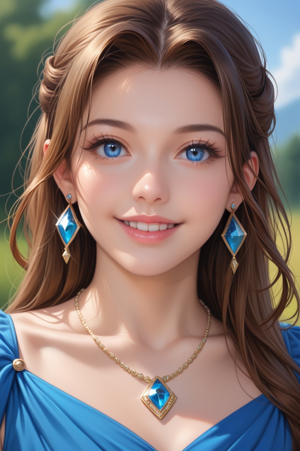 1girl, solo, long hair, looking at viewer, smile, blue eyes, brown hair, hair ornament, dress, jewelry, earrings, parted lips, teeth, necklace, blurry, lips, blue dress, gem, portrait, realistic
