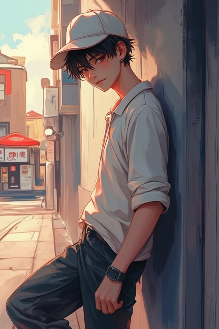 Flat anime Niji style, a handsome boy in casual wear, a cap tilted to the side, medium shot, the boy leaning casually against a wall, soft, warm lighting, relaxed pose, subtle smile, in a modern, urban setting, vibrant yet muted colors, clean and dynamic composition.