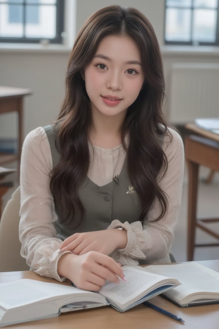 A close-up shot of a bright-eyed, curly-haired high school girl sitting at her desk in a sunlit classroom, surrounded by textbooks and pens. Her smile is warm and inviting as she looks directly at the camera, her hands clasped together in anticipation.