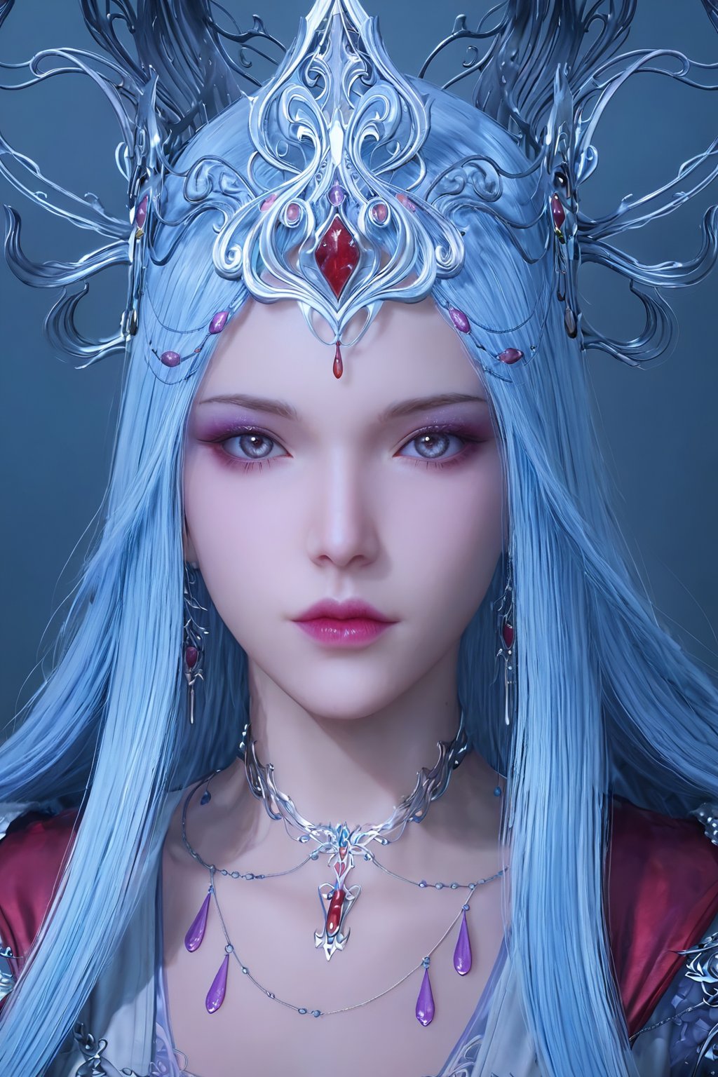 score_9,score_8_up,score_7_up,realistic skin:1.35,Volumetric light,
(masterpiece, best quality:1.4),finely detailed,1girl, solo, long hair, looking at viewer, jewelry, blue hair, upper body, necklace, lips, grey eyes, makeup, crown, lipstick,BSX