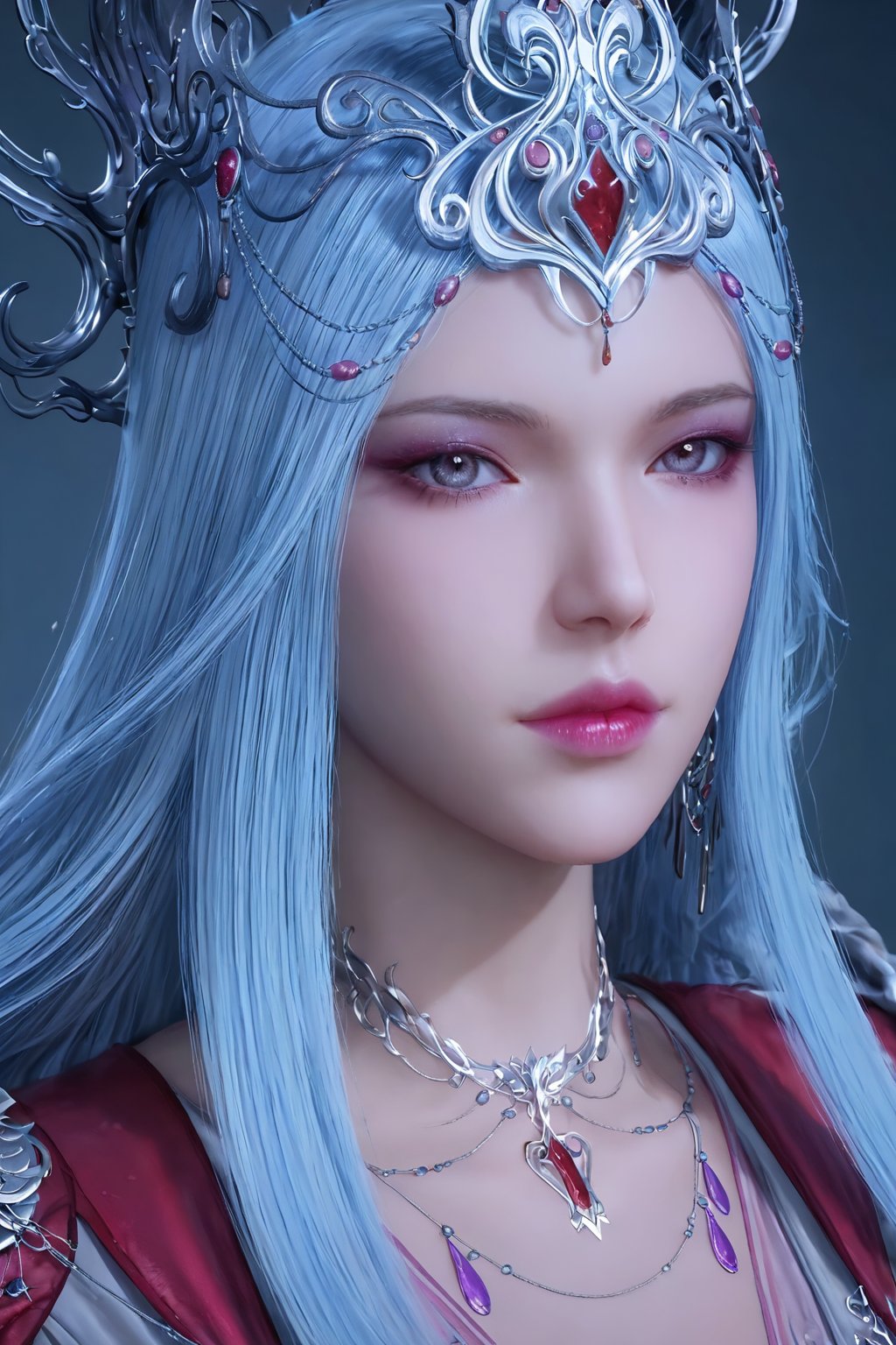 score_9,score_8_up,score_7_up,realistic skin:1.35,Volumetric light,
(masterpiece, best quality:1.4),finely detailed,1girl, solo, long hair, looking at viewer, jewelry, blue hair, upper body, necklace, lips, grey eyes, makeup, crown, lipstick,BSX