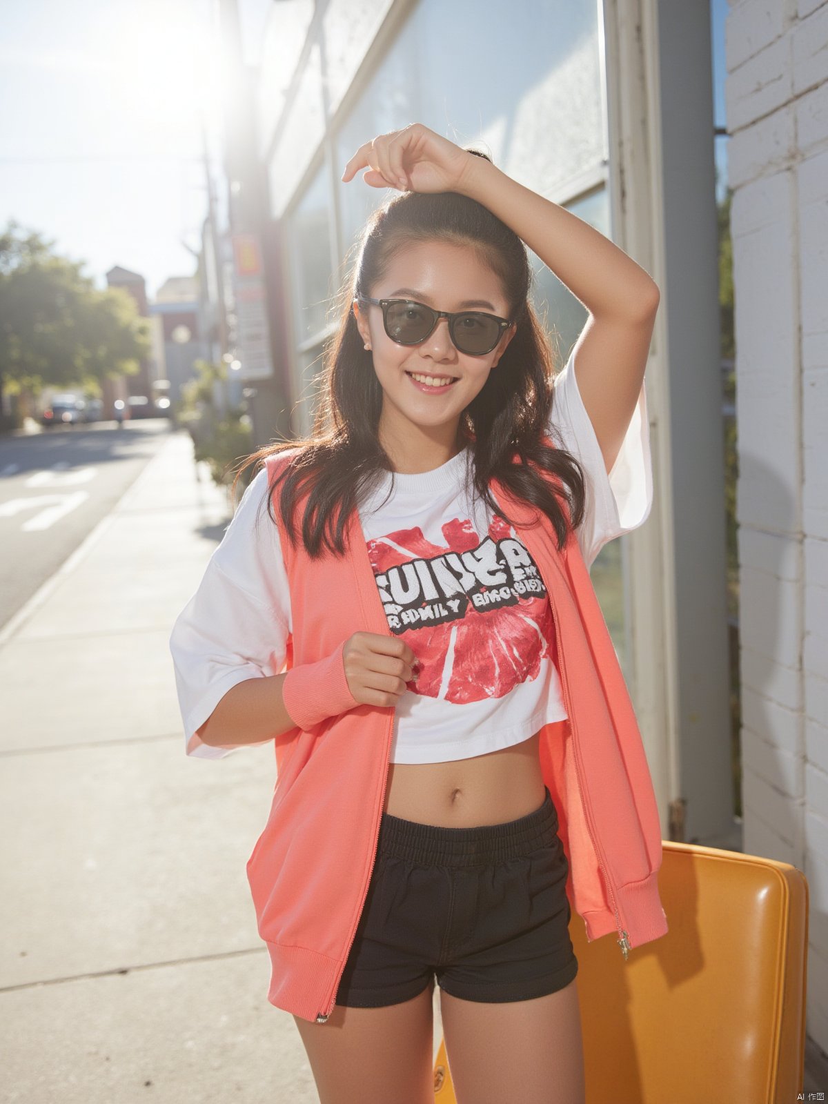 Vibrant morning light bathes the streets of Long Island, New York, as a stunning Asian beauty strikes a confident pose, sunglasses perched on her radiant face. Her strapless T-SHIRT showcases medium breasts ,while tight hot pants accentuate toned legs. The words SUNSHINE are emblazoned across her chest vest, as she beams with warm, sunny smile, inviting the viewer in with cinematic camera movement and extreme skin texture detail.

