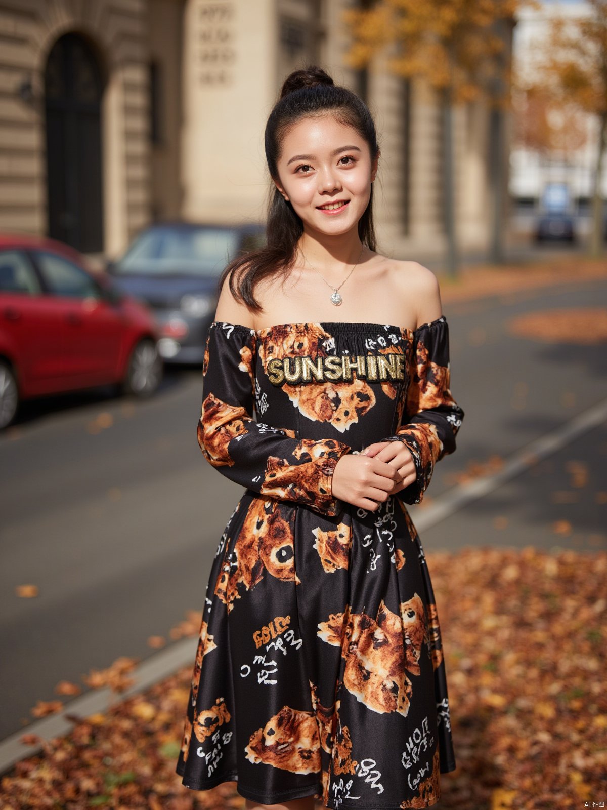 Here is a prompt for creating an exquisitely detailed image based on your description: A cinematic shot taken on the iconic Champs Elysées in Paris at dusk in autumn, as the sun dips below the horizon casting a warm glow (film grain: 1.2). A stunning Chinese woman, wearing a strapless low-cut long dress with intricate details and natural skin texture, stands out against the majestic Eiffel Tower's backdrop. Her radiant smile illuminates her deep cleavage, highlighting her plump breasts, as she proudly displays the bust of her dress featuring bold golden letters 'SUNSHINE'. The fallen leaves on the ground glisten with a warm golden light, reflecting the vibrant colors of the setting sun. Captured using Fujifilm XT3, in 4K resolution, this unity 8k wallpaper boasts ultra-detailed skin texture and finely detailed facial features, showcasing an exquisitely realistic masterpiece.

