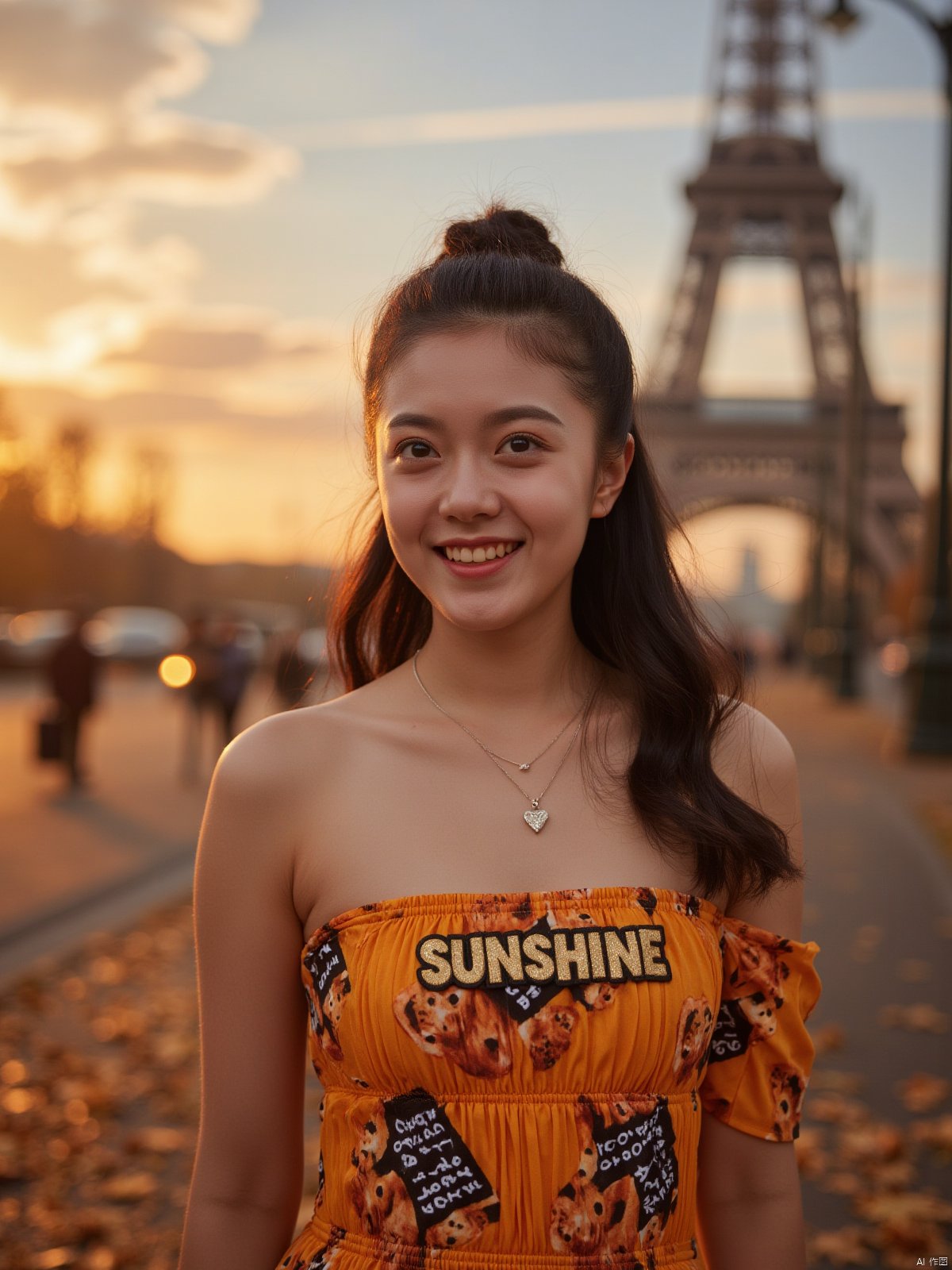 Here is a prompt for creating an exquisitely detailed image based on your description: A cinematic shot taken on the iconic Champs Elysées in Paris at dusk in autumn, as the sun dips below the horizon casting a warm glow (film grain: 1.2). A stunning Chinese woman, wearing a strapless low-cut long dress with intricate details and natural skin texture, stands out against the majestic Eiffel Tower's backdrop. Her radiant smile illuminates her deep cleavage, highlighting her plump breasts, as she proudly displays the bust of her dress featuring bold golden letters 'SUNSHINE'. The fallen leaves on the ground glisten with a warm golden light, reflecting the vibrant colors of the setting sun. Captured using Fujifilm XT3, in 4K resolution, this unity 8k wallpaper boasts ultra-detailed skin texture and finely detailed facial features, showcasing an exquisitely realistic masterpiece.

