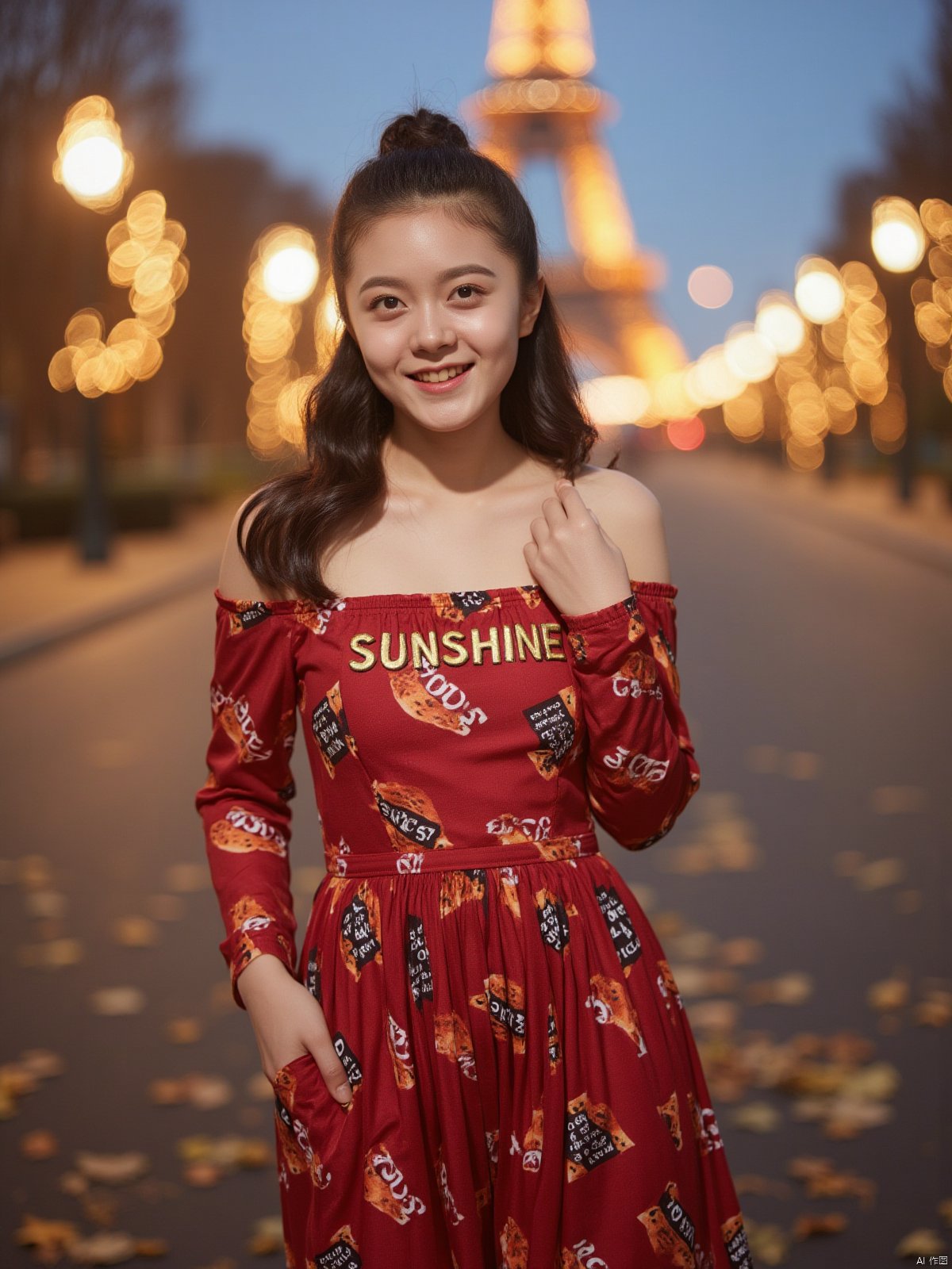 Here is a prompt for creating an exquisitely detailed image based on your description: A cinematic shot taken on the iconic Champs Elysées in Paris at dusk in autumn, as the sun dips below the horizon casting a warm glow (film grain: 1.2). A stunning Chinese woman, wearing a strapless low-cut long dress with intricate details and natural skin texture, stands out against the majestic Eiffel Tower's backdrop. Her radiant smile illuminates her deep cleavage, highlighting her plump breasts, as she proudly displays the bust of her dress featuring bold golden letters 'SUNSHINE'. The fallen leaves on the ground glisten with a warm golden light, reflecting the vibrant colors of the setting sun. Captured using Fujifilm XT3, in 4K resolution, this unity 8k wallpaper boasts ultra-detailed skin texture and finely detailed facial features, showcasing an exquisitely realistic masterpiece.

