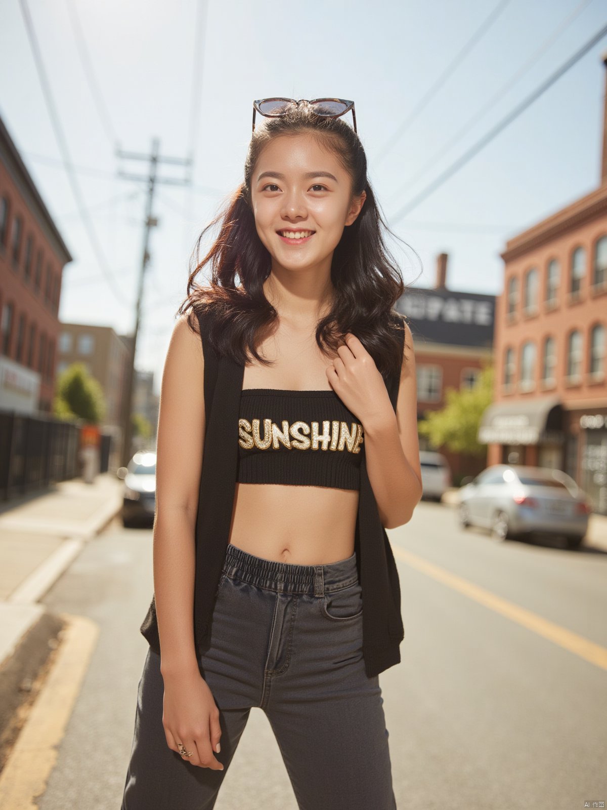 Vibrant morning light bathes the streets of Long Island, New York, as a stunning Asian beauty strikes a confident pose, sunglasses perched on her radiant face. Her strapless T-SHIRT showcases medium breasts ,while tight hot pants accentuate toned legs. The words SUNSHINE are emblazoned across her chest vest, as she beams with warm, sunny smile, inviting the viewer in with cinematic camera movement and extreme skin texture detail.

