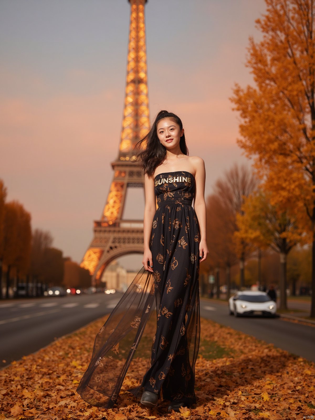 Here is a prompt for creating an exquisitely detailed image based on your description: A cinematic shot taken on the iconic Champs Elysées in Paris at dusk in autumn, as the sun dips below the horizon casting a warm glow (film grain: 1.2). A stunning Chinese woman, wearing a strapless low-cut long dress with intricate details and natural skin texture, stands out against the majestic Eiffel Tower's backdrop. Her radiant smile illuminates her deep cleavage, highlighting her plump breasts, as she proudly displays the bust of her dress featuring bold golden letters 'SUNSHINE'. The fallen leaves on the ground glisten with a warm golden light, reflecting the vibrant colors of the setting sun. Captured using Fujifilm XT3, in 4K resolution, this unity 8k wallpaper boasts ultra-detailed skin texture and finely detailed facial features, showcasing an exquisitely realistic masterpiece.

