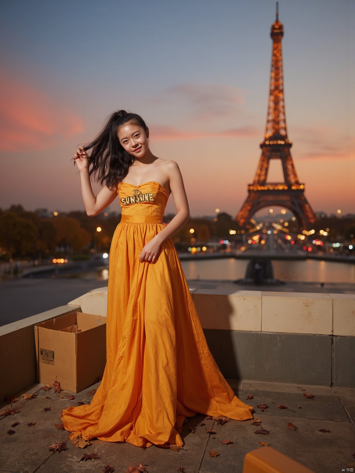 Here is a prompt for creating an exquisitely detailed image based on your description: A cinematic shot taken on the iconic Champs Elysées in Paris at dusk in autumn, as the sun dips below the horizon casting a warm glow (film grain: 1.2). A stunning Chinese woman, wearing a strapless low-cut long dress with intricate details and natural skin texture, stands out against the majestic Eiffel Tower's backdrop. Her radiant smile illuminates her deep cleavage, highlighting her plump breasts, as she proudly displays the bust of her dress featuring bold golden letters 'SUNSHINE'. The fallen leaves on the ground glisten with a warm golden light, reflecting the vibrant colors of the setting sun. Captured using Fujifilm XT3, in 4K resolution, this unity 8k wallpaper boasts ultra-detailed skin texture and finely detailed facial features, showcasing an exquisitely realistic masterpiece.

