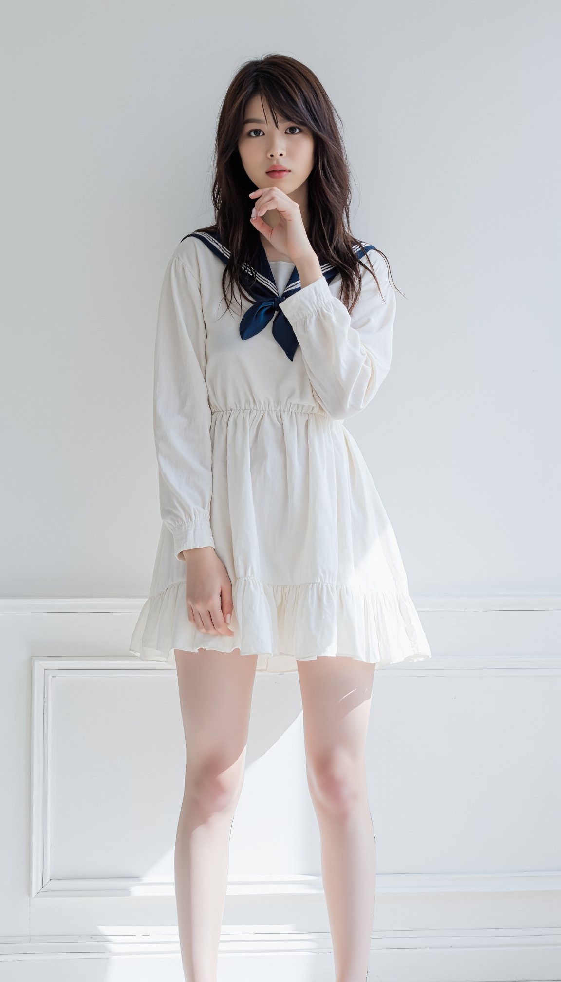 a woman in a white dress and stockings posing for a picture against a white background. She has a human face and is wearing a sailor outfit.