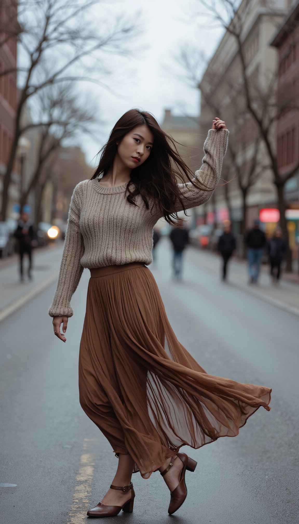 A woman stands confidently on a bustling city street, her long hair whipping wildly in the gusty wind. She wears a cozy sweater and flowy skirt that flutter around her legs as she holds her ground against the tempestuous weather. The composition is framed with the city's towering buildings and busy streetlife in the background, while the woman's pose exudes a sense of carefree resilience.