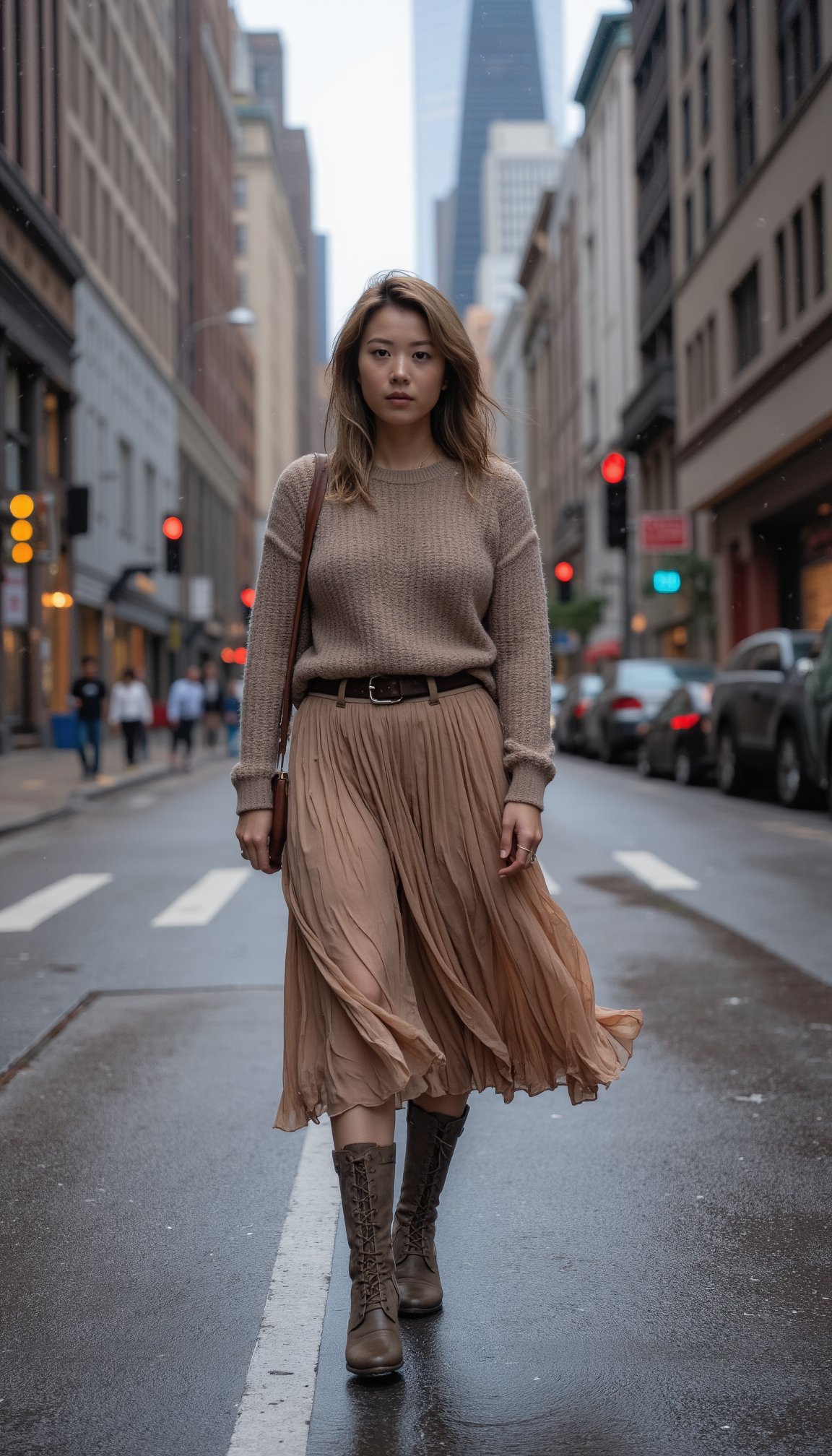 A woman stands confidently on a bustling city street, She wears a cozy sweater and flowy skirt that flutter around her legs as she holds her ground against the tempestuous weather. The composition is framed with the city's towering buildings and busy streetlife in the background, while the woman's pose exudes a sense of carefree resilience.